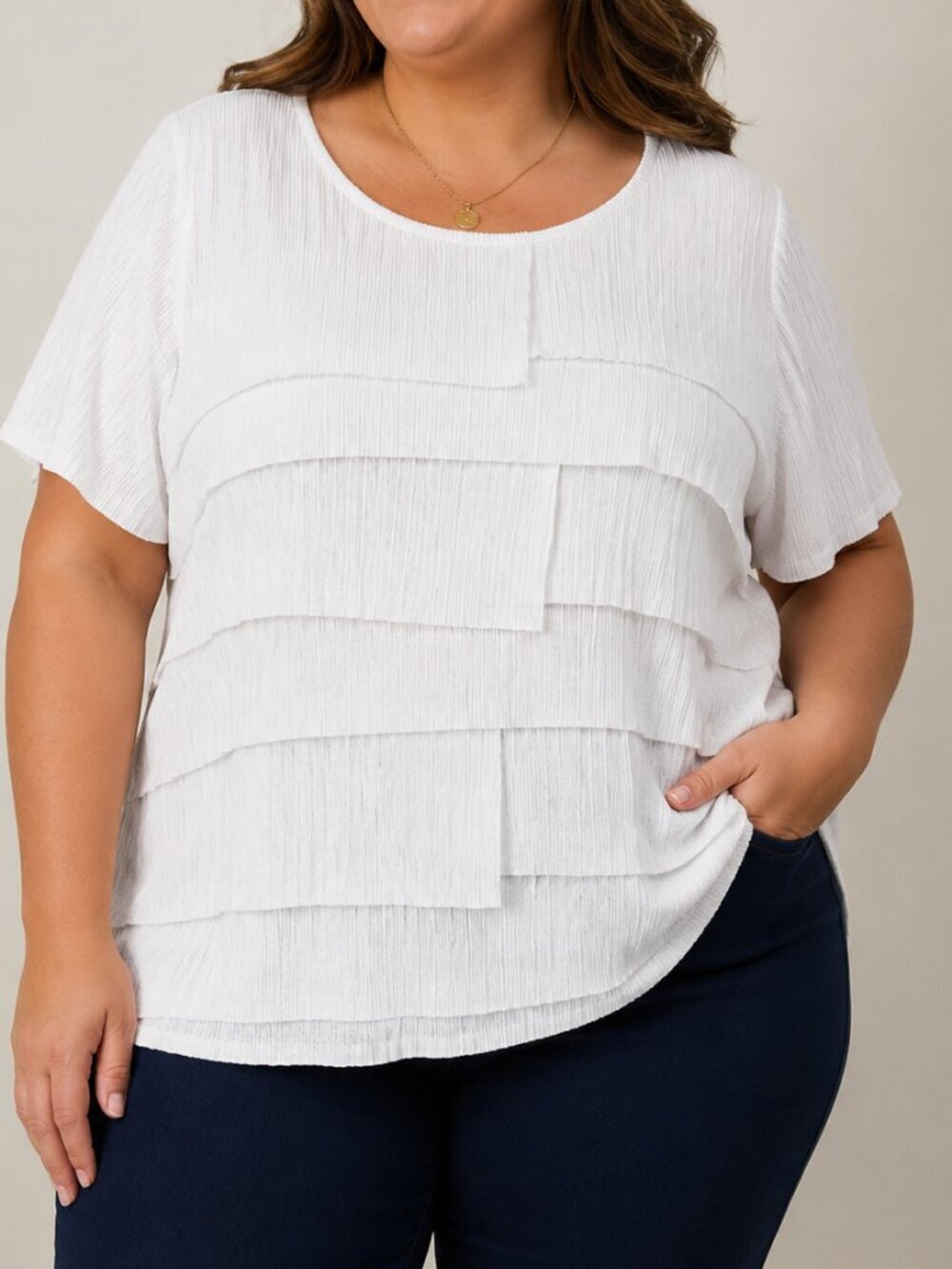 Alfred Dunner White Layered Crinkle Blouse 1X Short Sleeve Textured Top